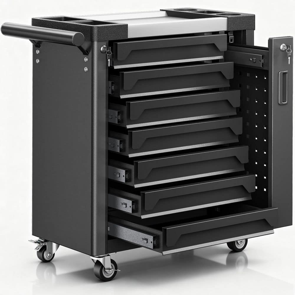 27.3 in. W 7-Drawer 0-Shelf Black Powder Coated Steel Tool Cart with Lockable Slide-Out Side Pegboard price history on PriceWatchPro