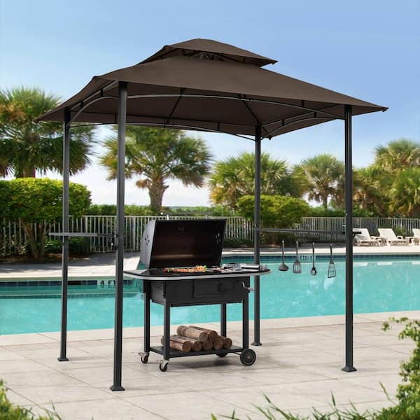 8 ft. x 5 ft. Brown Outdoor Grill Gazebo Patio Shelter Tent, Roof Canopy with Steel Frame, Hook & Bar Counters (2-Tier)
