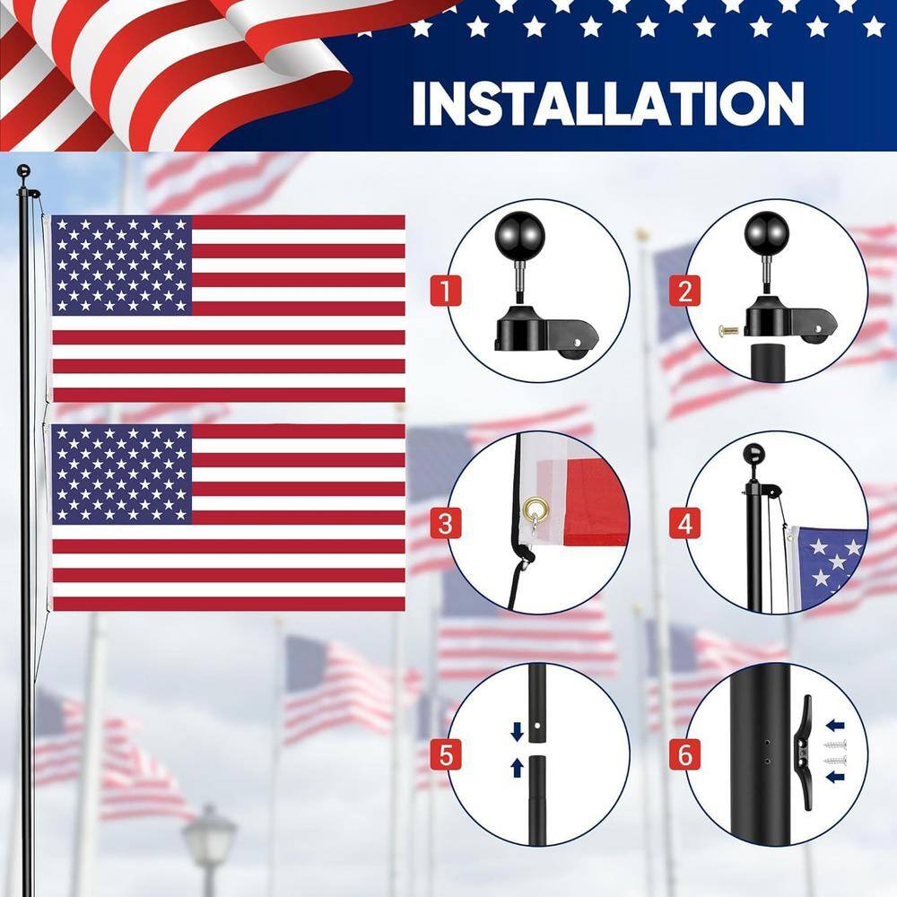 20FT Black Heavy Duty Aluminum Sectional Flagpole Kit with Golden Ball Topper