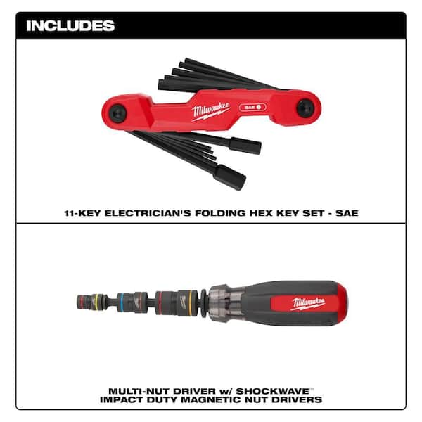 SAE Electrician's Folding Hex Key Set (11-Piece) and Multi-Nut Driver W/ SHOCKWAVE Impact Duty Magnetic Nut Drivers