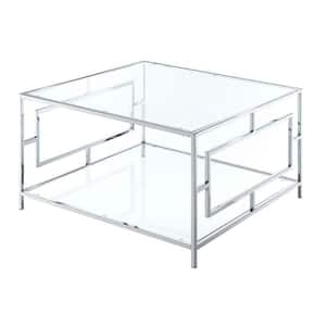 Town Square 18 in. Clear and Chrome Square Glass Coffee Table with Shelf