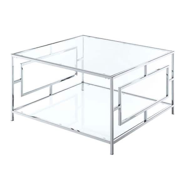 Convenience Concepts Town Square 18 in. Clear and Chrome Square Glass Coffee Table with Shelf