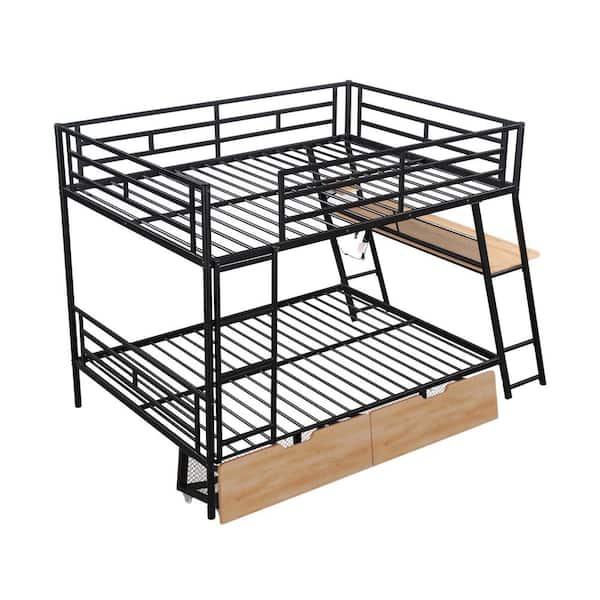 Qualler Black Full Size Bunk Bed with Built-in Desk and Light