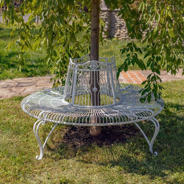61.5 in. Round 4 Seater Antique White Metal Outdoor Tree Bench