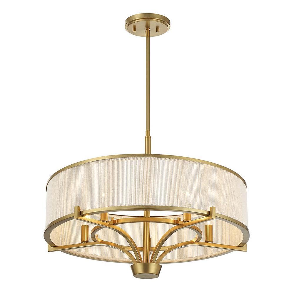 Warm Brass 5-Light Chandelier with White String Drum Shade