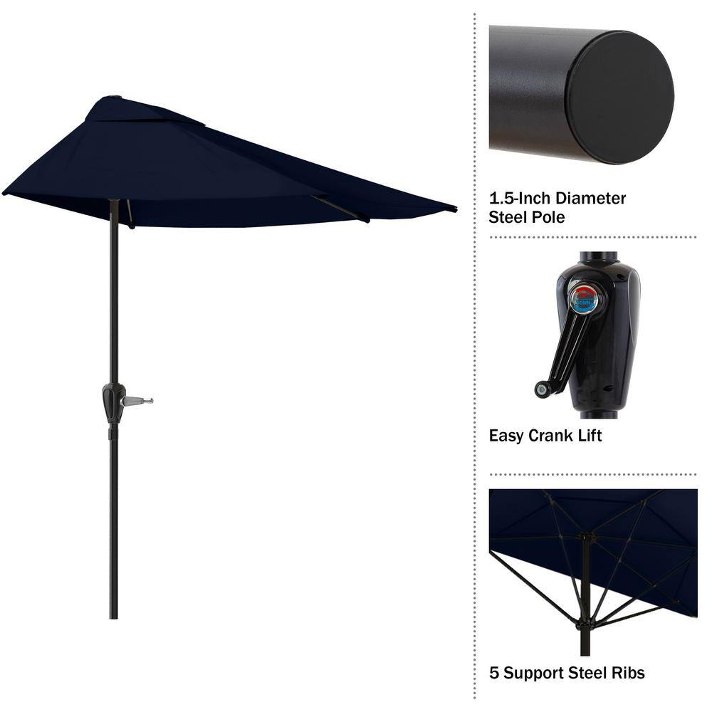 Navy Blue 9ft Half Round Steel Patio Umbrella