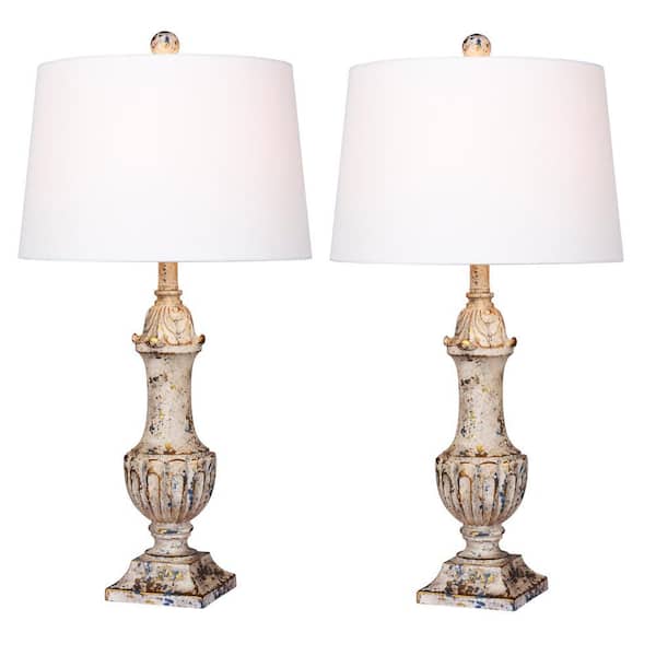 29.5 in. Antique Ivory Distressed Decorative Urn Resin Table Lamp (2-Pack)