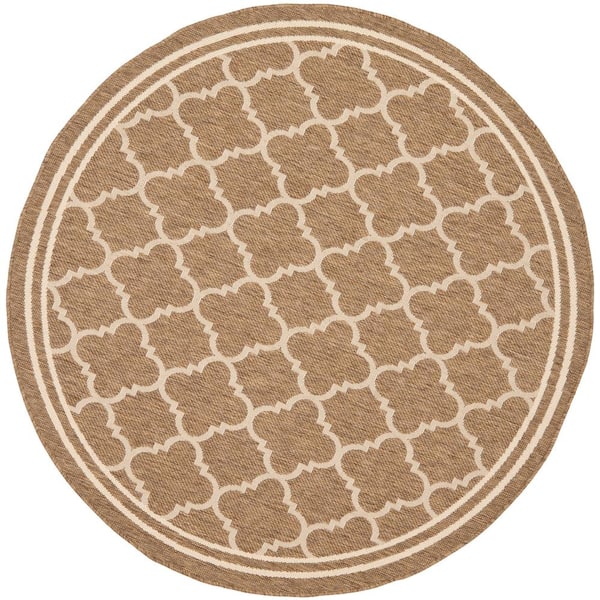 Courtyard Brown/Bone 7 ft. x 7 ft. Round Geometric Indoor/Outdoor Patio  Area Rug