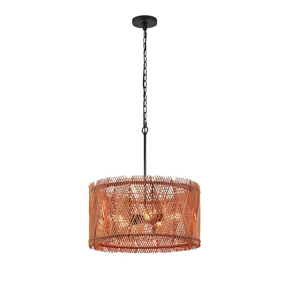 KAWOTI 5-Light 22.5 in. Pendant Light with Rattan Double-Layer Natural Bamboo Shade