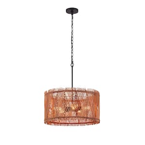 5-Light 22.5 in. Pendant Light with Rattan Double-Layer Natural Bamboo Shade