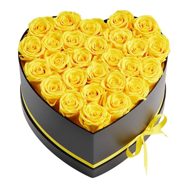 Artificial Forever Flowers 27-Preserved Roses in a Heart Shape Box, 5.71 in. H Eternal Flowers Immortal Bouquet Yellow