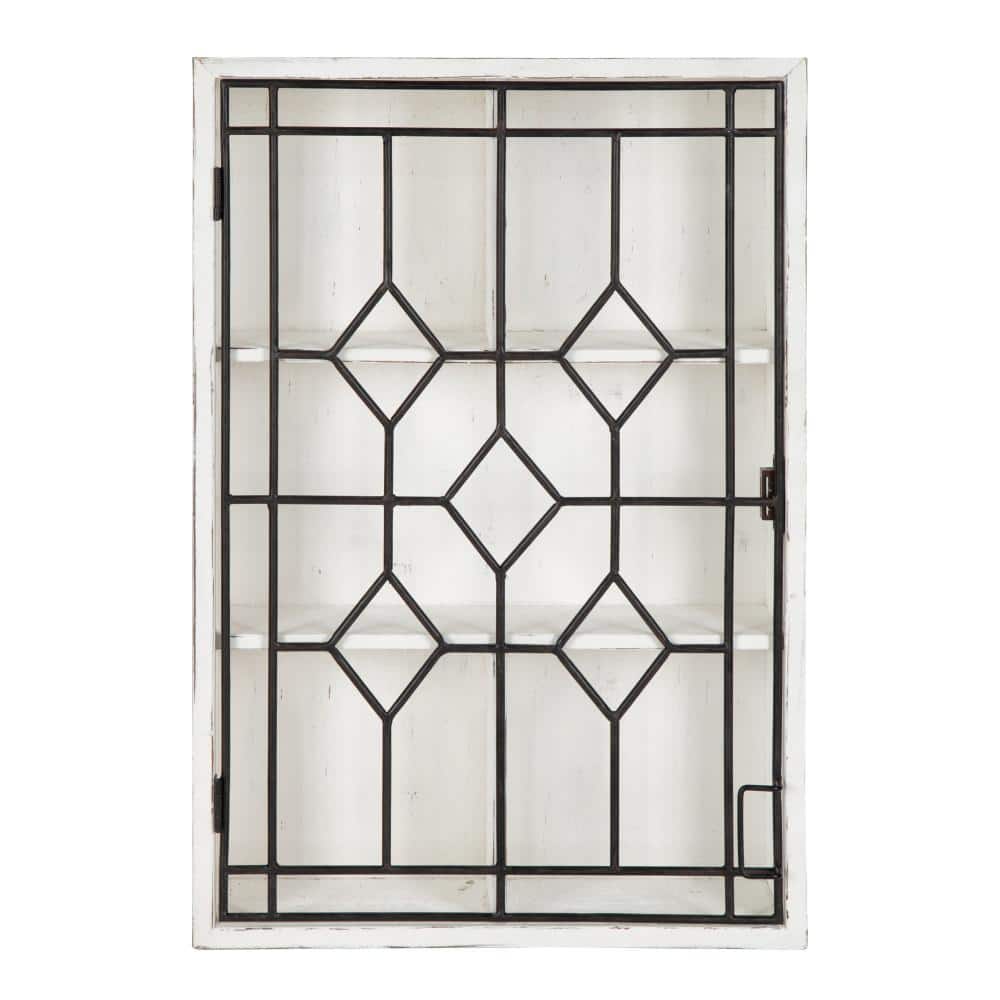 Whitewash Wooden Curio Cabinet with Decorative Black Iron Door