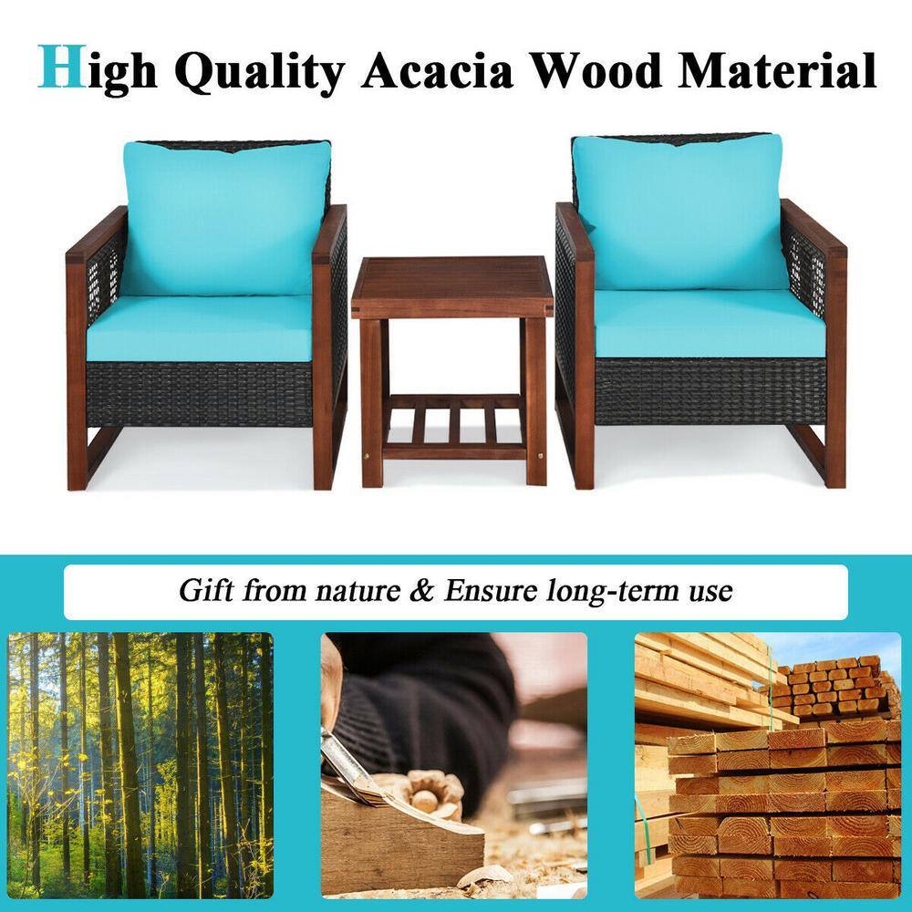 Turquoise Cushioned Armchair Set with Wooden Frame and Table
