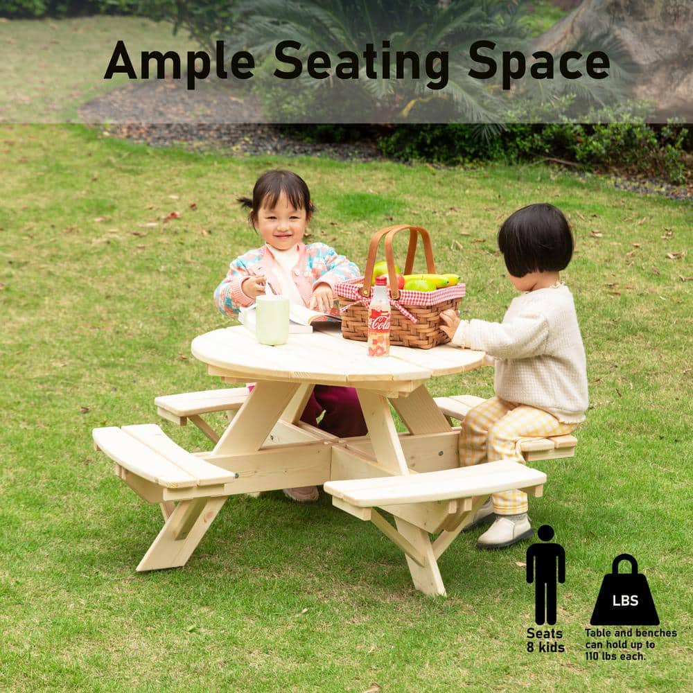 Natural Wood Round Kids Picnic Table with Benches