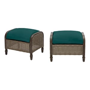 Windsor Brown Wicker Outdoor Patio Ottoman with CushionGuard Malachite Cushions (2-Pack)