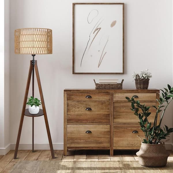 Boho 59 in. Brown Mid Century 1-Light Smart Tripod Floor Lamp for Living Room with Rattan, Fabric Tripod Shade, Shelf