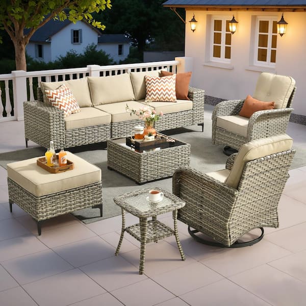 Vanessa 8-Piece Wicker Patio Conversation Seating Sofa Set with Beige Cushions and Swivel Rocking Chairs