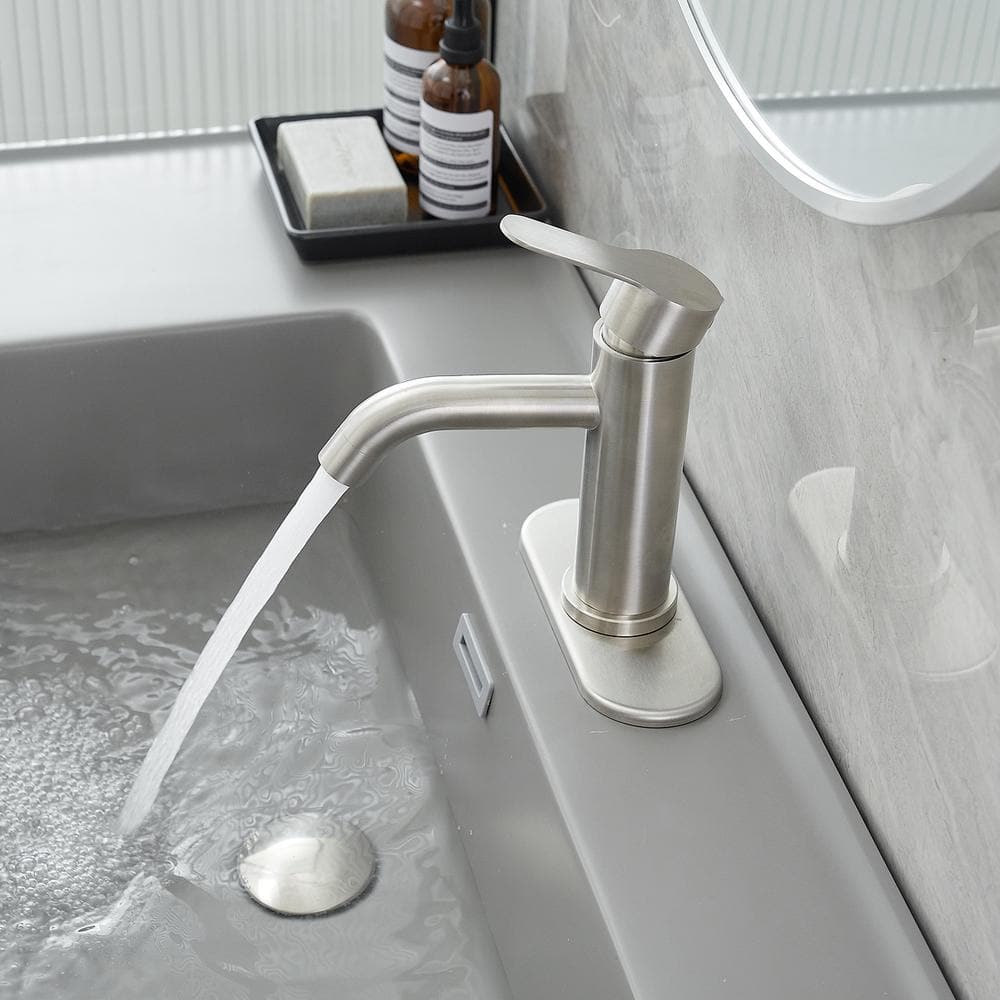 Brushed Nickel Single-Handle Bathroom Faucet with Deck Plate