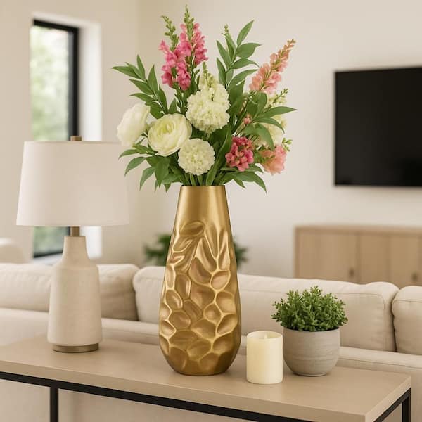 19 in. Bronze Metal Cylinder Hammered Decorative Vase