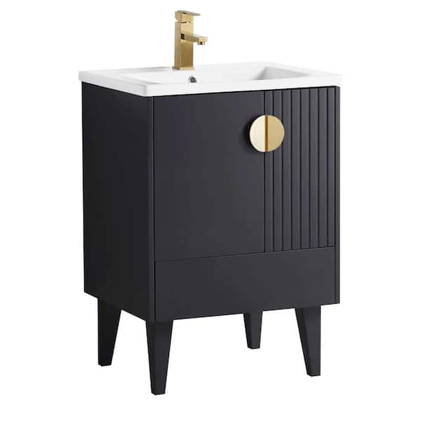 FINE FIXTURES Venezian 24 in. W x 18.11 in. D x 33 in. H Bathroom Vanity Side Cabinet in Black Matte with White Ceramic Top