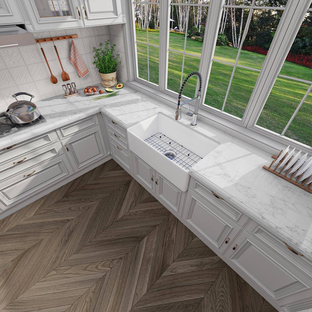 Sinber 30" White Fireclay Farmhouse Apron Kitchen Sink with Drainboard