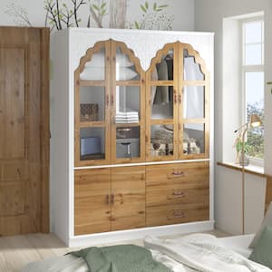 White & Brown Paint Finish Wood 57.5 in. W Bedroom Armoire in Victorian Style, With Glass Doors, Hanging Rod, Drawers