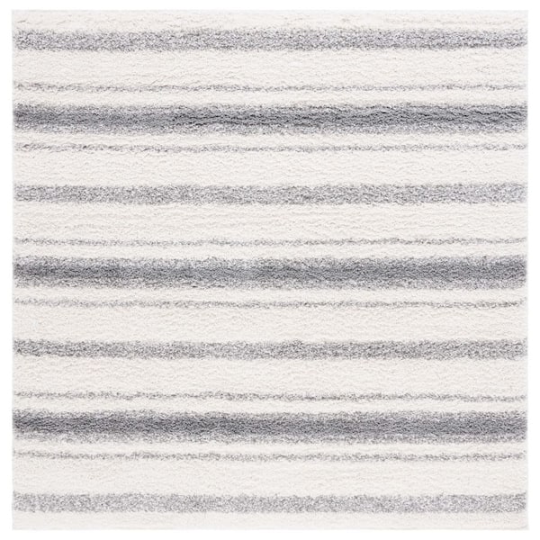 SAFAVIEH Border and Stripe Shag 7 ft. x 7 ft. Ivory/Gray Faded Striped square Area Rug
