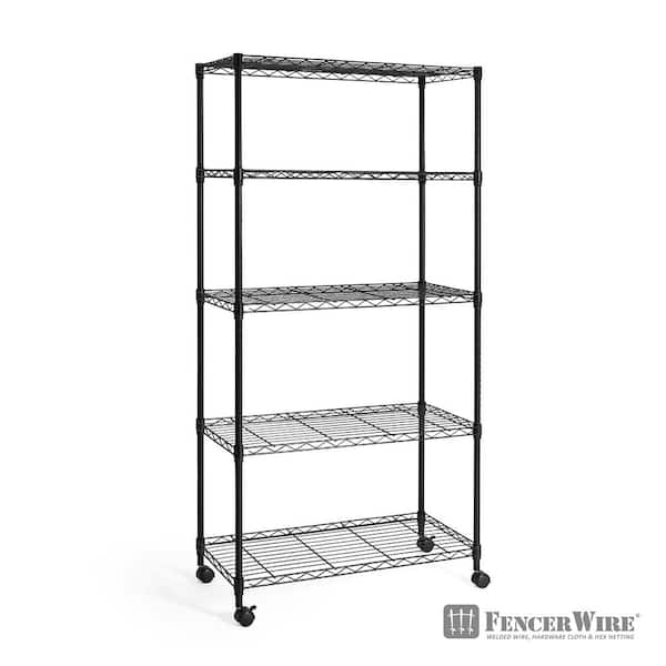 Fencer Wire Black 5-Tier Metal Garage Storage Shelving Unit with Leveling Feet and Wheels (30 in. W x 14 in. D x 62 in. H)