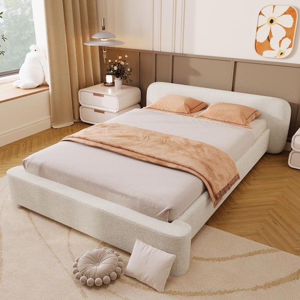Zephyr Modern White Boucle Fabric Upholstered Wood Frame Full Size Platform Bed with Headboard