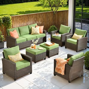 Piranu Brown 7-Piece Wicker Outdoor Patio Conversation Seating Set with Green Cushions