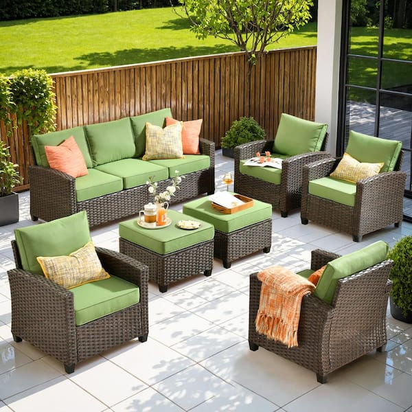 OVIOS Piranu Brown 7-Piece Wicker Outdoor Patio Conversation Seating Set with Green Cushions
