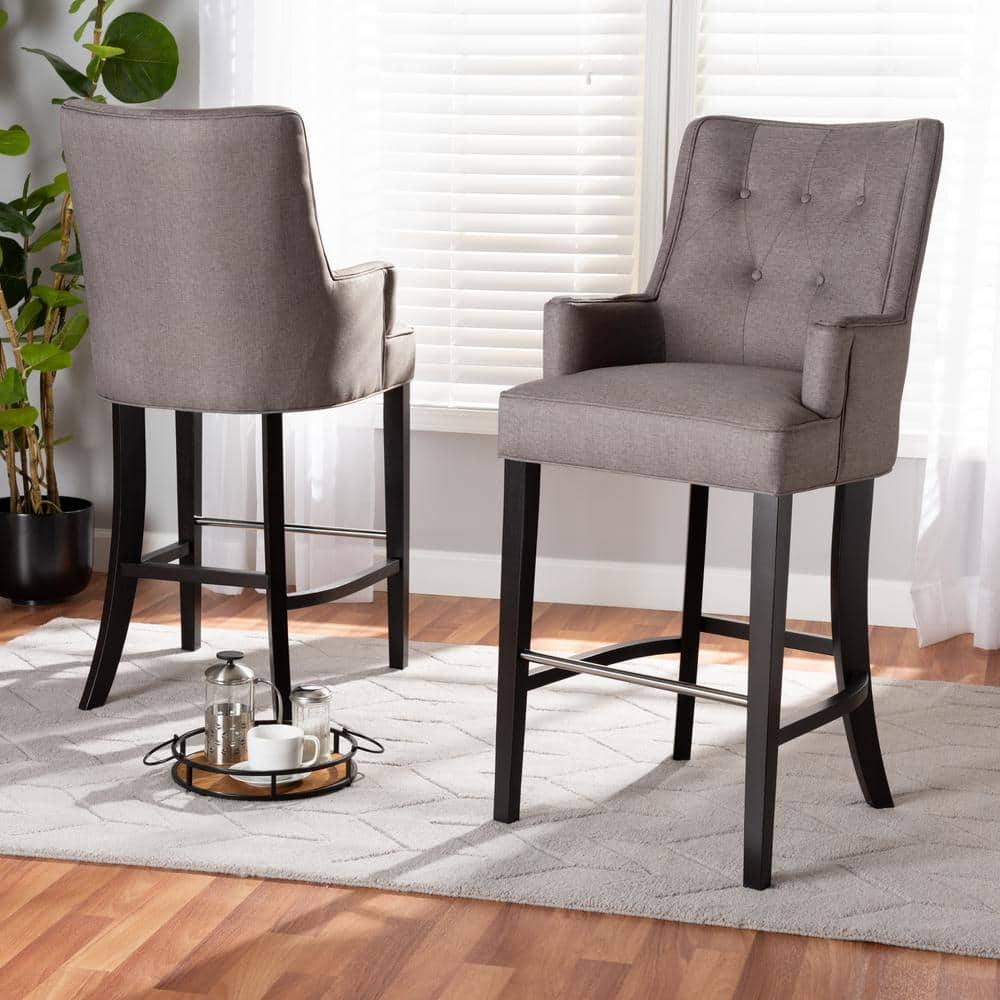 Aldon Gray Fabric and Dark Brown Wood Bar Stools, Set of 2