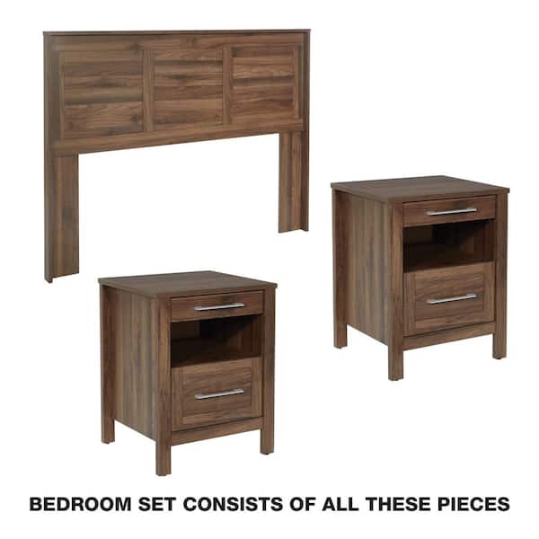 OSP Home Furnishings Stonebrook 3 Piece Bedroom Set in Classic Walnut Finish (Headboard, 2 Nightstands)