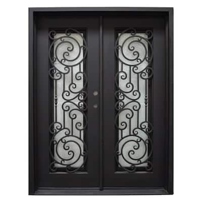 74 in. x 96 in. 2-Panel Right-Hand/Inswing Operable Straight Frosted Glass Dark Bronze Finished Iron Prehung Front Door