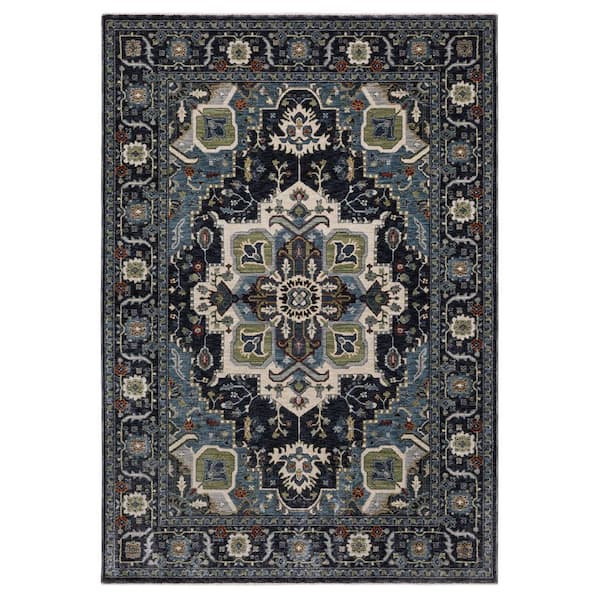 Elanor Blue 10 ft. x 13 ft. Oriental Floral Medallion Polyester Fringe-Edge Indoor Area Rug