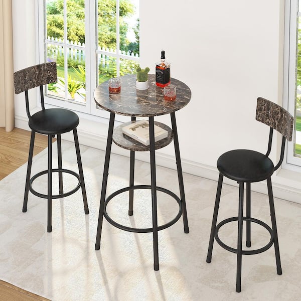 3-Piece Round Elegant Brown MDF Wood Top Bar Table Set with 2 PU Soft Seat, Small Space Dining Table Set Seats 2