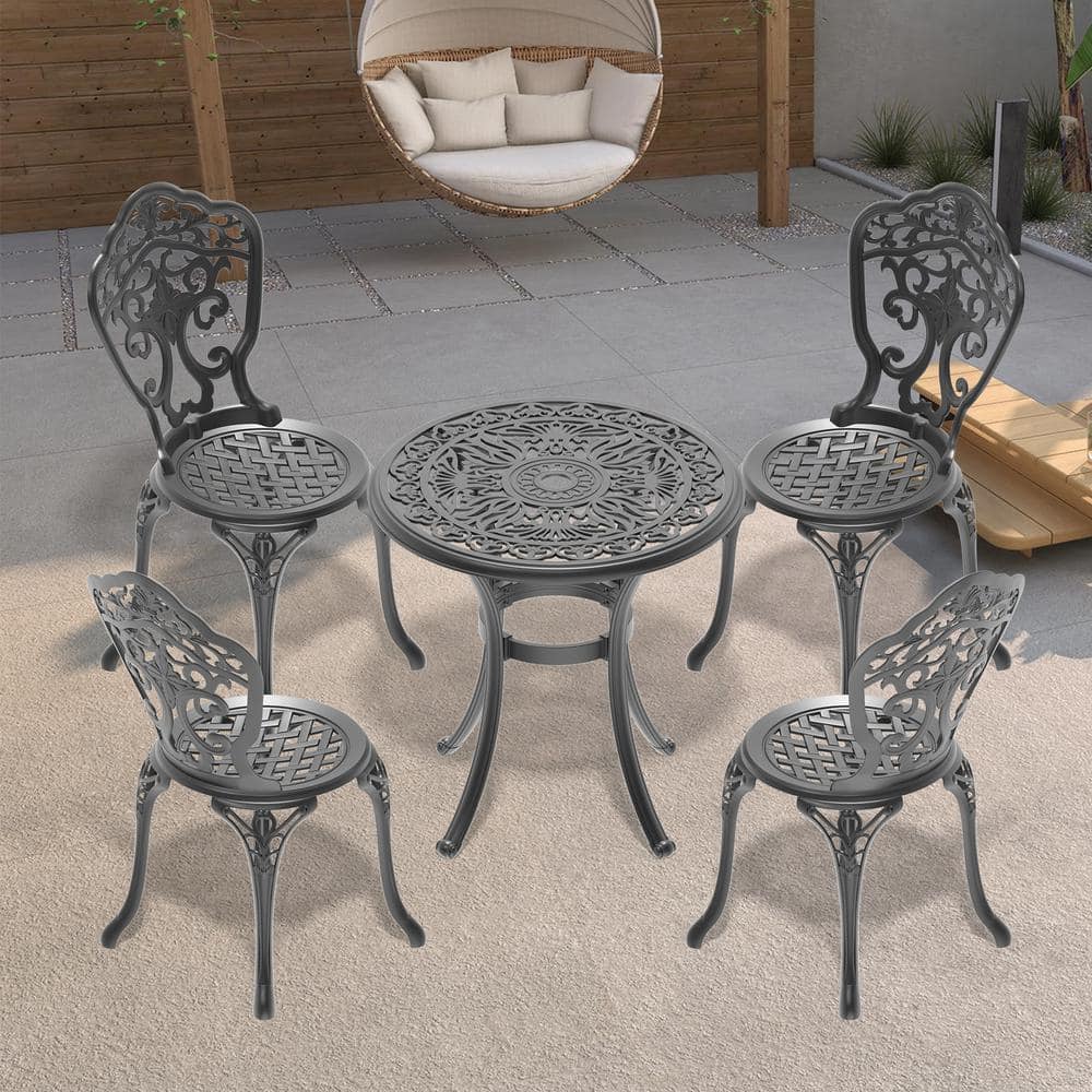 5-Piece Cast Aluminum Patio Dining Set, Black Patio Dinning Set with Round 