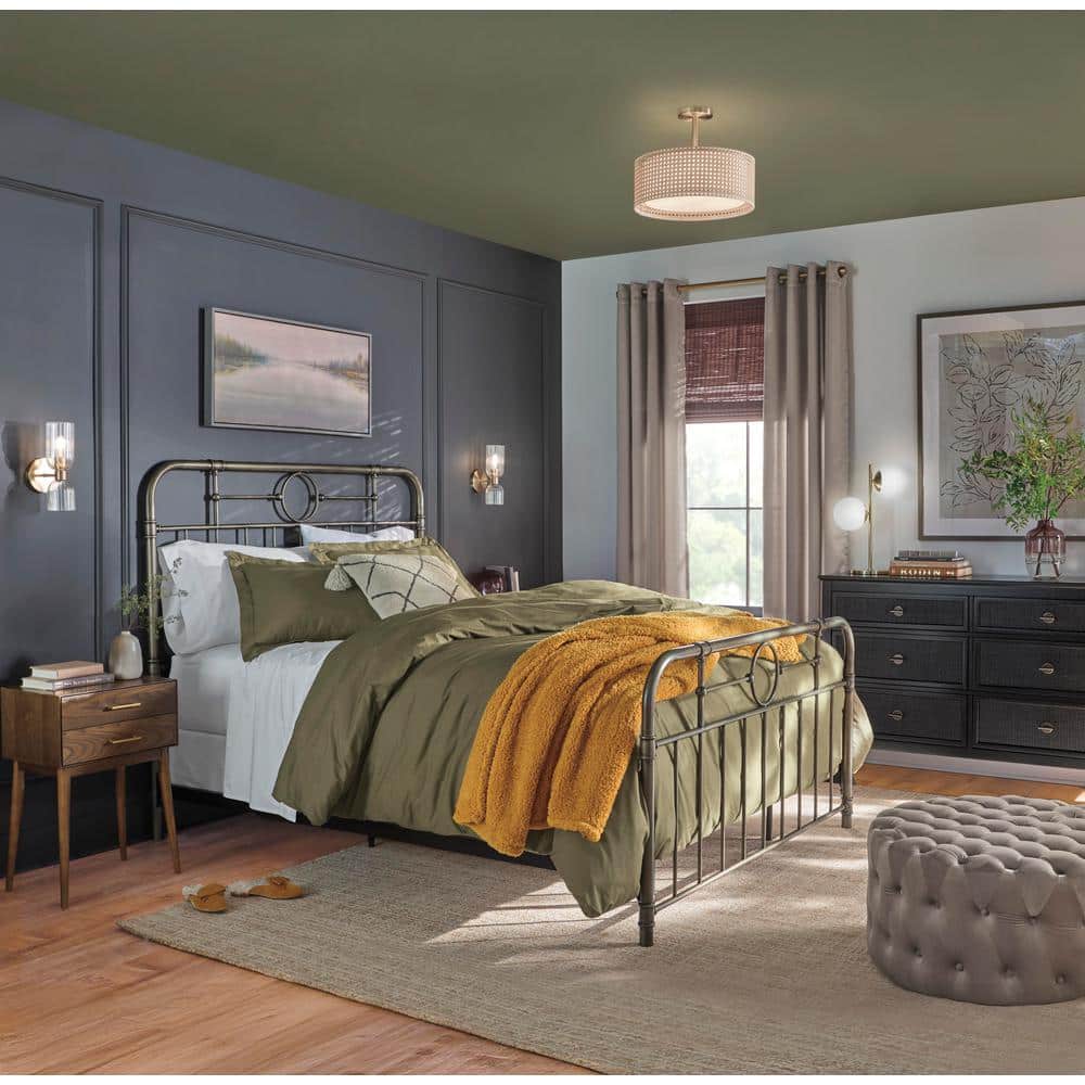 Bronze Queen Metal Frame Bed with Upholstered Headboard