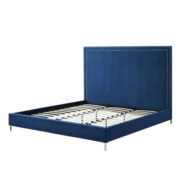 Inspired Home Samuele Navy Velvet Nailhead Trim Platform Queen Bed