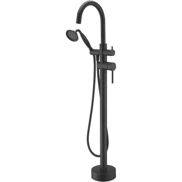 Unbranded Double-Handles Freestanding Floor-Mount Tub Filler Bathtub Faucet with Hand Held Shower in Matte Black