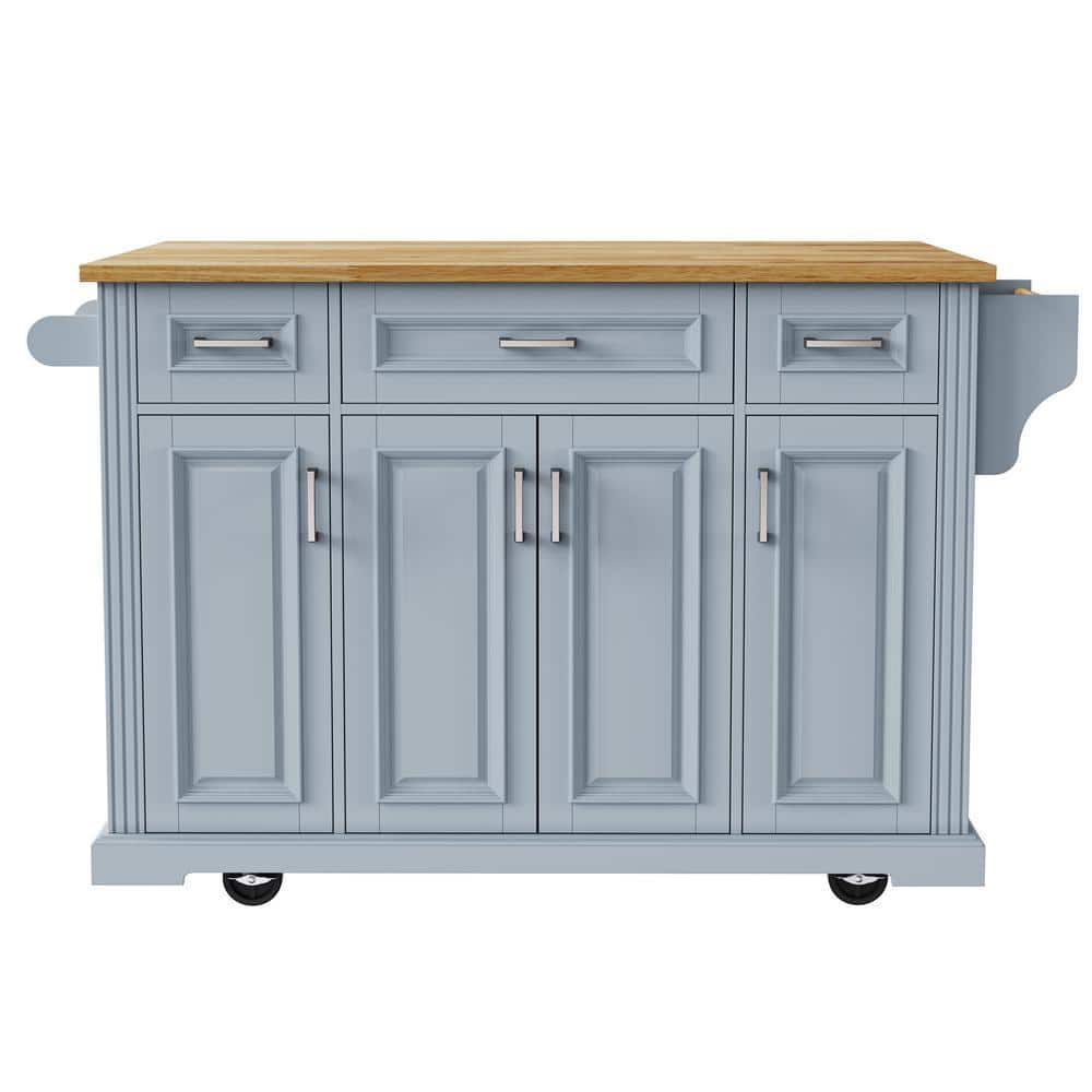 Gray Blue Rubber Wood Tabletop 54 in. Kitchen Island on 4 Wheels with Drop Leaf, 4 Doors and 3 Drawers