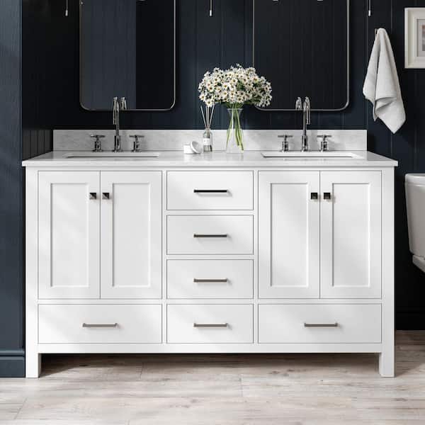 ARIEL Cambridge 60 in. Double Sink Freestanding Bathroom Vanity in White with Carrara White Marble Top