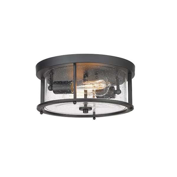 JAZAVA 12 in. 2-Light Farmhouse Matte Black Finish Flush Mount with Seeded Glass Shade