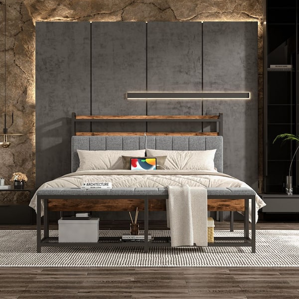 Smart 2-Piece Gray Metal Queen Bedroom Set-LED Platform Bed with Storage Bench and Fabric Headboard