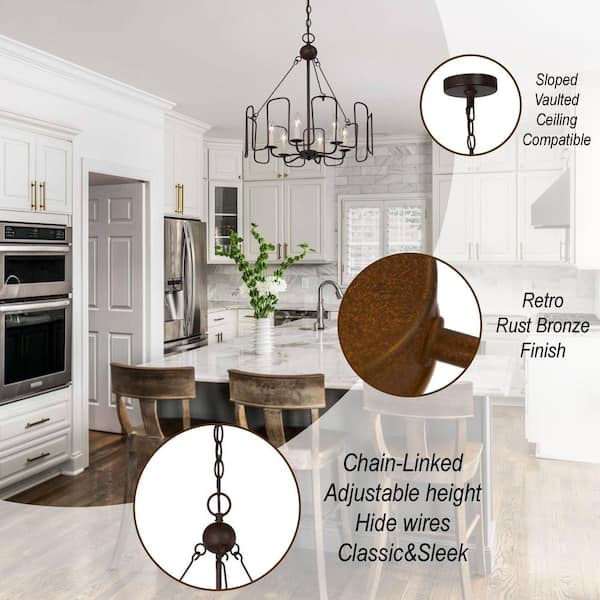 Uolfin Rustic Farmhouse Brown Drum Dining Room Lighting, 6-Light Vintage Traditional Candlestick Kitchen Island Chandelier