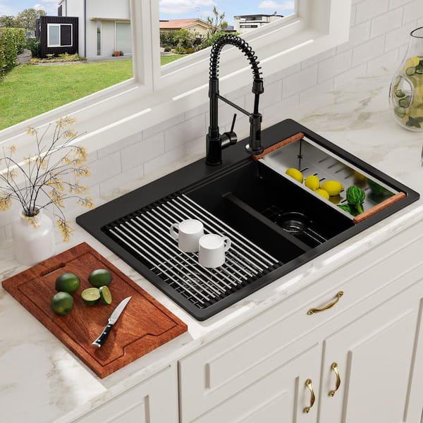 33 in. Drop-in Sink Low Divide 60/40 Double Bowl Quartz/Granite Composite Workstation Kitchen Sink in Matte Black