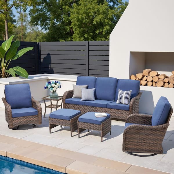 6-Piece Wicker Swivel Patio Conversation Set, Sofa, Swivel Chairs, Footstools and Table with Blue Cushions