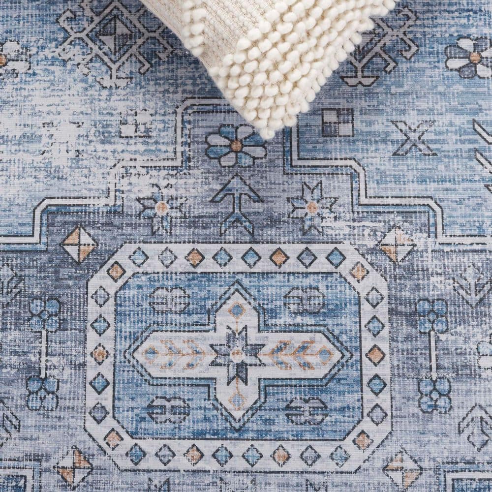 Light Blue Geometric Washable Synthetic Area Rug, 5' x 8'