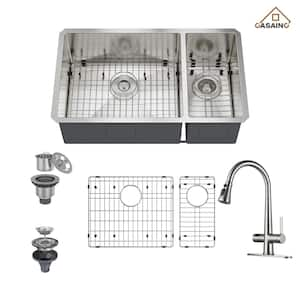 32 in. Undermount Double Bowl 18 Gauge All-in-One Stainless Steel Kitchen Sink with Bottom Grids and Kitchen Faucet