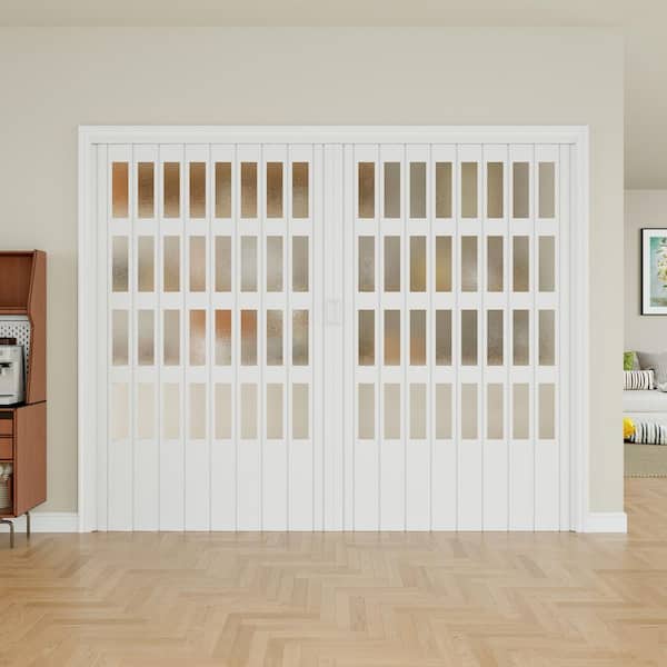 96 in. x 80 in. White Double PVC Material With 4-Lite Frosted Acrylic Panel Accordion Door With Installation Hardware